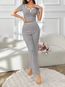 SHEIN 女士碎花半襟纽扣装饰短袖睡衣套装 - 彩色 - 查看 4