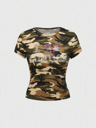 J-Fashion Y2K Baddie Abby Flaggen- & Englisch-Kamuflage-Strass-Muster Tailliertes Damen T-Shirt