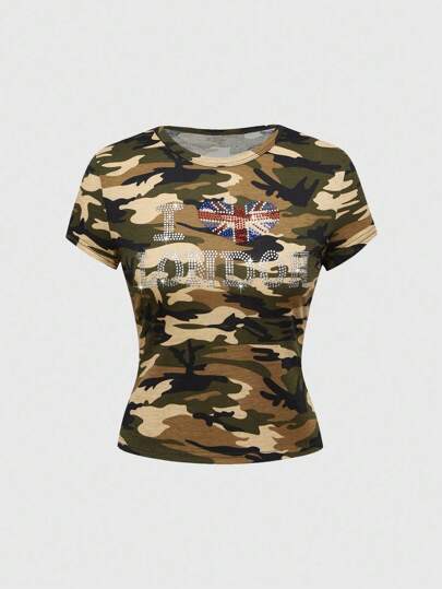 J-Fashion T-shirt moulant pour femmes avec imprimé camouflage de drapeau et de strass anglais, style Y2K Baddie Abby