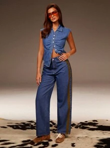 Athîral Women's Single-Breasted Pleated Collar Casual Dolman Sleeve Denim Blouse - Blue - View 4