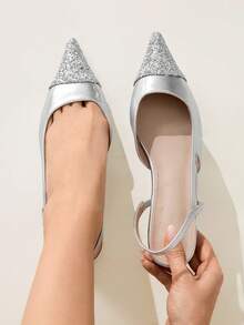 CUCCOO CHICEST Women's Pointed Toe Flats With Glitter Patchwork And Cutout Design, Elegant Luxury Fashion Slip-On Shoes For Dress, Tea Party, Date, Work, Halloween, Christmas, Thanksgiving, Versatile - Silver - View 5