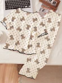 Sparklyn 2pcs Tween Girls Pajama Set, Apricot Background Bear All-Over Print Casual Round Neck Ruffle Hem Short Sleeve Top And Pants, Summer, Back To School Fashion - Apricot - View 2