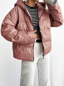 EURMUSE Solid Color Hooded Women'S Padded Jacket - Dusty Pink - View 4