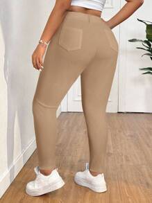 SHEIN EZwear 大码女式休闲纯色紧身裤，百搭简约 - 卡其色 - 查看 2