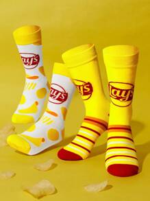 Lay's X SHEIN 2 双柔软透气吸湿排汗休闲女士中筒袜时尚薯片黄色中筒袜加固脚趾和脚跟，经久耐用男女通用四季百搭夏冬 - 彩色 - 查看 2