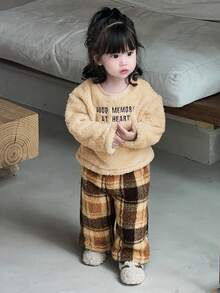 DAZY 2pcs Baby Girls' Sherpa Embroidered Crew Neck Top And Plaid Casual Pants Homewear Set Toddler Girls Clothes - Apricot - View 3