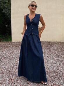 DAZY 洗水牛仔V领背心和迷你裙女式牛仔套装 - 深色水洗藍 - 查看 4