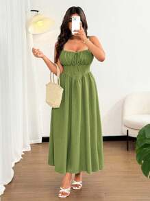 Sunnyshic Vestido maxi de playa elegante de unicolor con lazo delantero y tirantes de espagueti para mujer de talla grande, adecuado para la playa, resort, fiesta, cita, festival de música, primavera/verano, diseño versátil