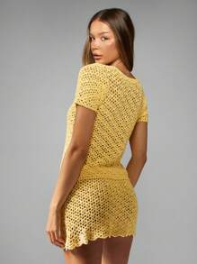 MISSGUIDED Cardigan de crochê com amarração frontal, saída de praia estilo boho, suéter de malha, roupa de praia para festivais de verão, resort, férias, moda primavera - Amarelo - Ver 2