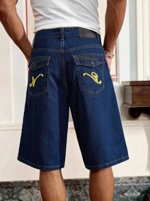 SWAVVY 男士刺绣设计宽松阔腿休闲牛仔短裤 - 深色水洗藍 - 查看 4