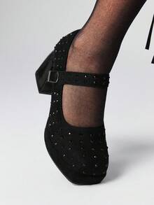 ROMWE Goth Giày Mary Jane đế dày cho nữ, Giày cao gót đế tròn phong cách cổ điển, Giày cao gót màu đen, Hàng mới về mùa xuân - màu đen - Xem 3