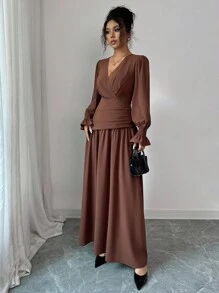 Selianne 女式优雅复古正式办公室通勤休闲节日派对咖啡棕色 V 领腰部褶皱 A 字秋季连衣裙，交叉系带和泡泡袖，秋冬 - 棕色 - 查看 4