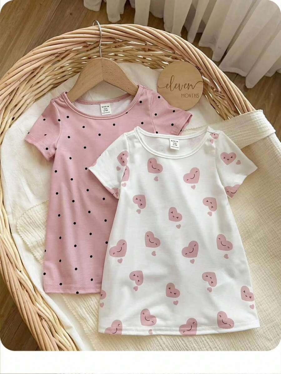 Baby Girls 2PCS Dotted Heart Graphic Round Neck Loose Casual Nightgown Sleepwear Set, Suitable For Girls Daily Wear, Events, Holidays, Family Gathering Baby Clothes Cotton 100 Baby Cotton Clothes Cartoon