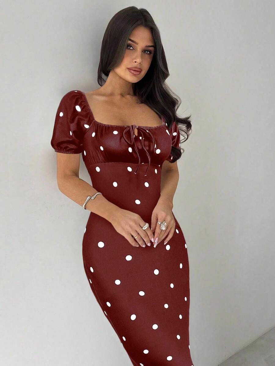 Firerie Áo cánh cổ vuông nhún bèo tối giản thanh lịch dành cho nữ, thích hợp mặc hàng ngày và đi nghỉ - Màu Đỏ Sâu - Xem 1