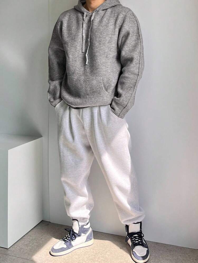 Men's Hooded Gray Long Sleeve Drawstring Sweater, Autumn