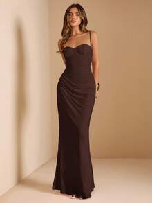 SHEIN BAE 夏季女式蕾丝拼布吊带裙，适合毕业派对、婚礼宾客礼服、约会、宴会、派对、姐妹聚会 - 咖啡棕 - 查看 6