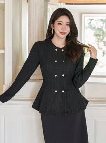 DAZY 纯色修身长袖腰部收紧双排扣喇叭袖口金属装饰优雅复古女式衬衫，秋冬 - 黑色 - 查看 5