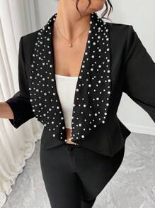 SHEIN Elenzya Veste élégante et sophistiquée de haute qualité avec col perlé, convenant aux femmes de grande taille pour les déplacements quotidiens et les occasions formelles, idéale pour le printemps et l'automne - Noir - Voir 7