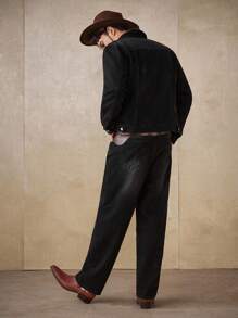 Manfinity Homme Men's Black Denim 2 Pieces Set, Fashionable Jacket Coat & Loose Wide-Leg Pants, Autumn/Winter - Black - View 3