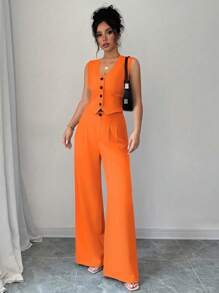Elenzga 3 件套休闲/工作服纯色西装外套、背心和裤子套装 - 橘色 - 查看 4