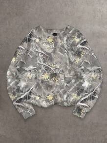 SHEIN EZwear 休闲简约印花图案圆领宽松长袖连帽运动衫，适合夏季女士穿着 - 灰色 - 查看 3