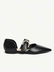 CUCCOO CHICEST Black Pointed Toe Rhinestone Buckle Elegant Commuting Versatile Women Flats - Black - View 8