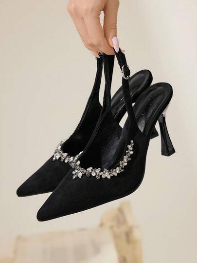 CUCCOO CHICEST Women's Pointed Toe Rhinestone Embellished Stiletto High Heel Shoes, Elegant Luxurious Romantic Sexy Gothic Black Suede Slip-On Pumps, Formal Dress, Wedding Guest, Afternoon Tea, Date Night, Party, Suitable For Weddings, Galas, Halloween, Christmas, Thanksgiving, Birthday