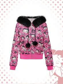 Betty Boop | ROMWE Áo hoodie nữ cổ điển họa tiết da báo đính đá Y2K có khóa kéo - Hồng - Xem 1