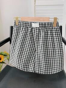 SHEIN Tall CURVE Plus Size Women's Fashion Red Woven Plaid Shorts For Summer Valentine's Day