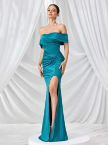 Coutiva Váy đuôi cá trễ vai nhún bèo thanh lịch - màu xanh lá - Xem 3