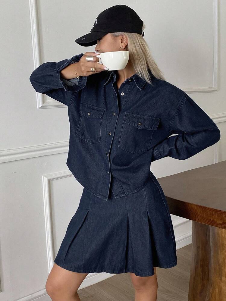 Women's Casual Washed Solid Color Loose Shirt And Denim Skirt 2-Piece Set, Autumn,Fall Women Clothes