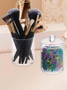 1/2/3/4/6pcs  Transparent Storage Box For Cleaning Rod, Round Pad And Dental Floss Pick - 10oz Clear Plastic Jar Set, Suitable For Bathroom And Dressing Table Storage And Organization, Black Night Stand Makeup Storage Box,Living Room Decor Pen Holder Storage Box - Clear - View 4