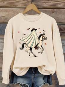 EMERY ROSE Plus Size Halloween Ghost Horse Graphic Drop Shoulder Sweatshirt Pullover Fall Winter Autumn - Apricot - View 3
