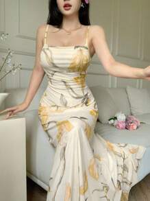 Modelyn 女式网眼花卉印花细肩带荷叶边腰夏季休闲连衣裙 - 黃色 - 查看 9