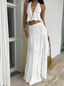Sunnyshic Bộ 2 món áo hai dây hở lưng xếp ly cổ chữ V sâu bằng vải lanh vàng và chân váy maxi nhiều lớp nhún bèo cạp trễ, thanh lịch, gợi cảm cho kỳ nghỉ, bãi biển, tiệc tùng, hàng ngày, hẹn hò, thiết kế tối giản cho phụ nữ mùa hè - trắng - Xem 6