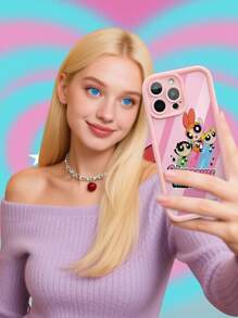 THE POWERPUFF GIRLS X SHEIN 1pc Cute And Creative Cartoon Collaboration, High-End Texture, Simple, Fully Transparent, Shockproof And Fashionable Phone Case, Halloween And Christmas Gift,Compatible With IPhone - Pink - View 2