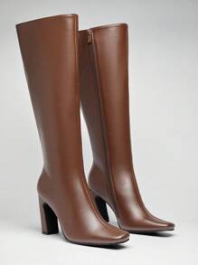 SHUZIA Women's 3.5'' Slanted Block Heel & Sleek Square Toe Pu Brown Knee High Boots–A Chic, Versatile Essential For Day-To-Night Looks With Modern Edge & All-Day Comfort. - Brown - View 3