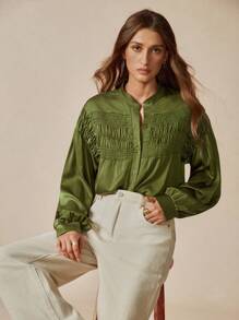 Florisole 女士休闲/办公装褶皱缎面长袖军绿色衬衫 - 軍綠色 - 查看 2