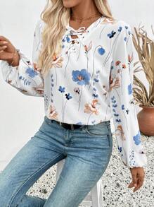 EMERY ROSE Women's V-Neck Floral Pattern Casual/Work Long Sleeve Shirt Fall Cloth For Women - Multicolor - View 4