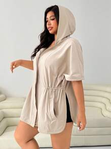 SHEIN EZwear 大码休闲抽绳腰带连帽风衣 - 杏色 - 查看 5