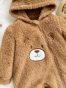 SHEIN 新生女宝宝可爱卡通熊图案毛绒连帽连体衣，秋冬季 - 棕色 - 查看 5