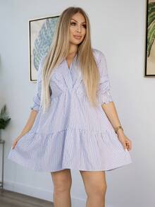 条纹印花荷叶边下摆罩衫连衣裙，女士优雅连衣裙 - 藍白色 - 查看 3