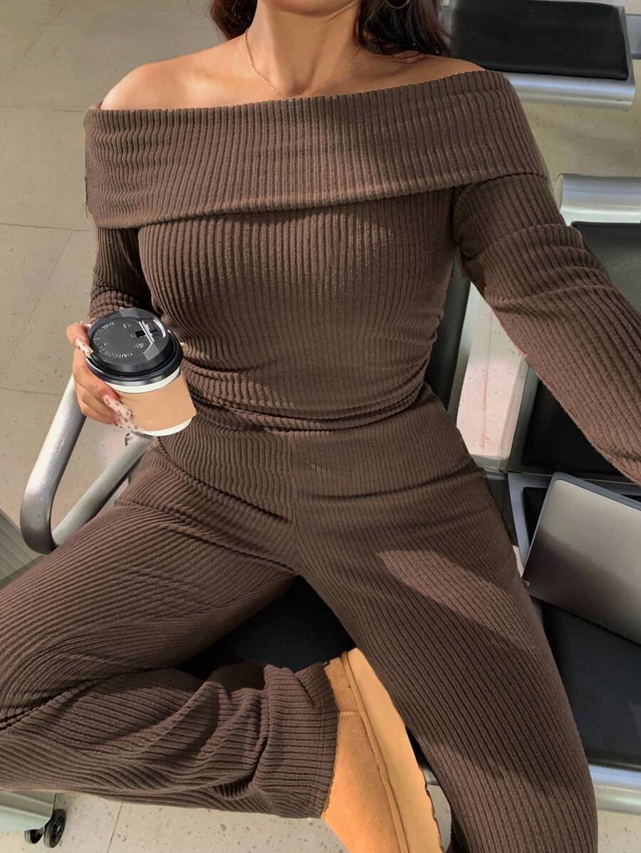 SHEIN EZwear Plus Size Casual & Homewear Minimalist Off-Shoulder Ribbed 2 Pieces Set - Brown - View 1