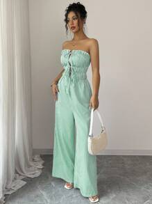 Elenzga 女士荷叶边前系带条纹阔腿连体裤 - 随机花卉图案 - 綠色 - 查看 4