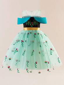 Glamorique Kids Girls' Princess Dress, Green Anna Princess Printed Green Mesh Dress, Autumn Dress, Outdoor Clothing, Children's Birthday Dress, Birthday Party And Festival Dress, Black Knitted, Green Sparkling Flower Print At The Hem, Oil-Painted Shoulder Strap, Golden COS Costume, All-Season Dress
