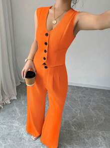 Elenzga 3 件套休闲/工作服纯色西装外套、背心和裤子套装 - 橘色 - 查看 3