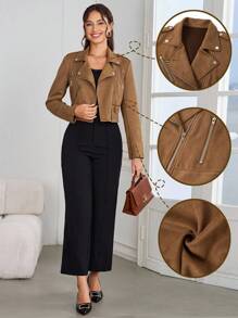 Ellevyn Women Fashion Lapel Collar Zipper Suede Fleece Short Jacket, Autumn Fall Women Clothes  Jacket - Khaki - View 2