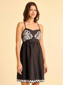 CAJUNI Women's Tropical Bohemian Style Leaf Print Sleeveless Mini Dress, Casual Holiday Beach Wear - Black and White - View 4