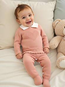 SHEIN Newborn Baby Casual Cute Pink With Heart Pattern Knitted Footie Jumpsuit, Soft & Comfortable For Daily, Outdoor, Travel, Vacation, Home, Daycare, And Play Wear