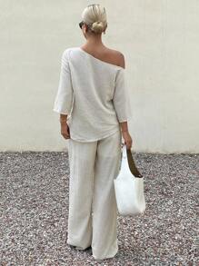 Livesso 2pcs/Set Women's Loose Casual Cotton Linen Style Solid Color Outfit, Autumn - White - View 2